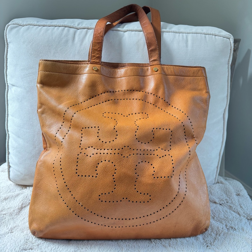 Tory Burch Cognac Perforated Logo Leather Tote Bag